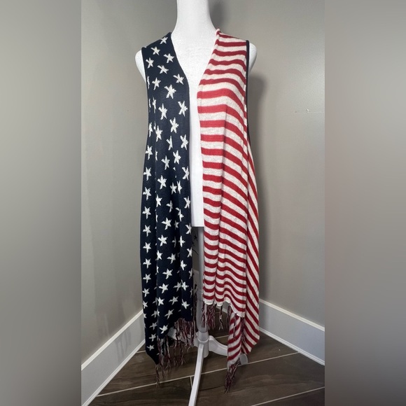 Unity 1X open cardigan American flag theme fringed knit sleeves vest - Picture 1 of 10